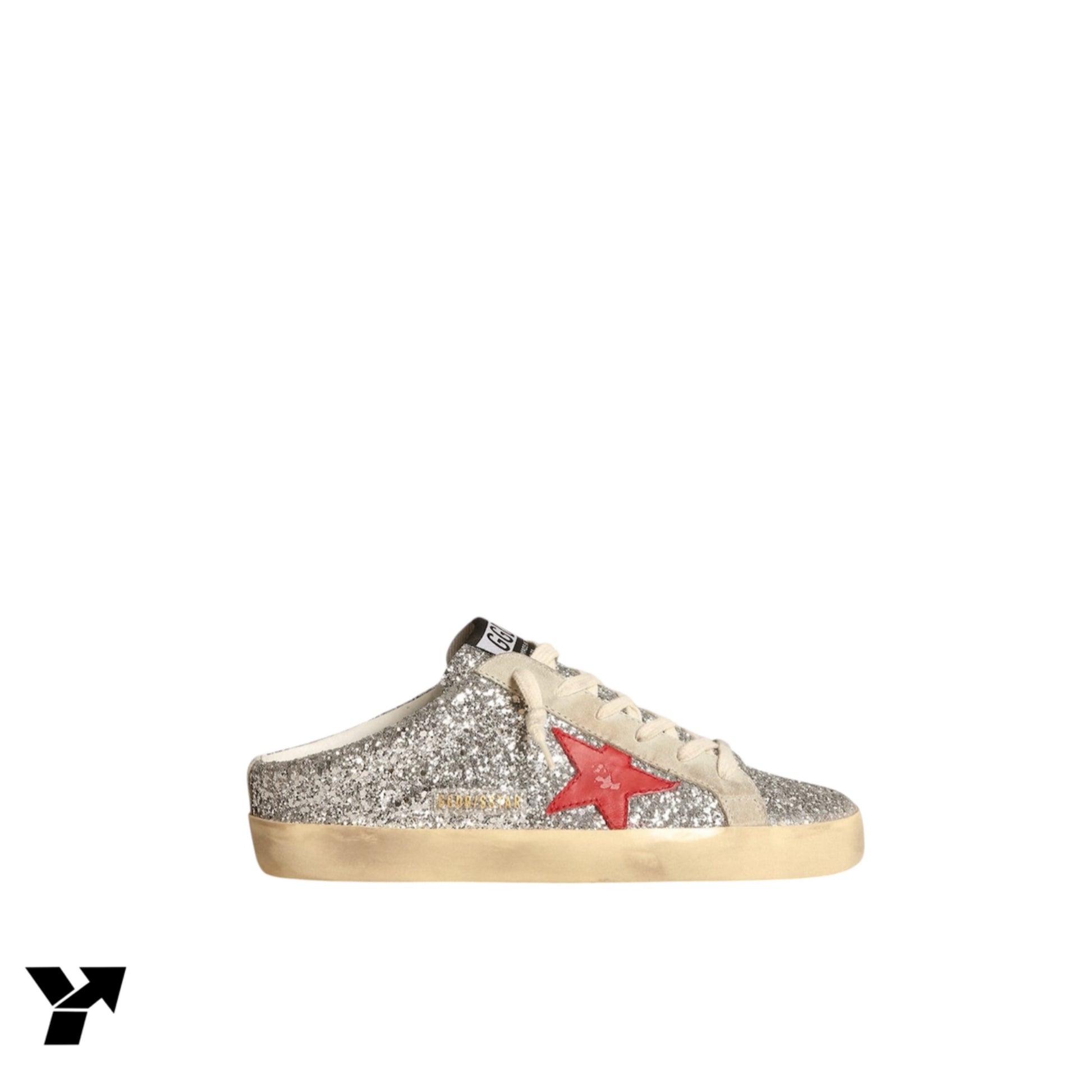 Golden Goose Super-Star Sabots in silver glitter with red leather star