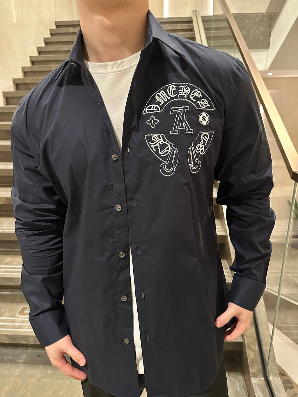 Louis Vuitton Chrome Hearts Collaboration Appliqué Long-Sleeve Shirt - Navy