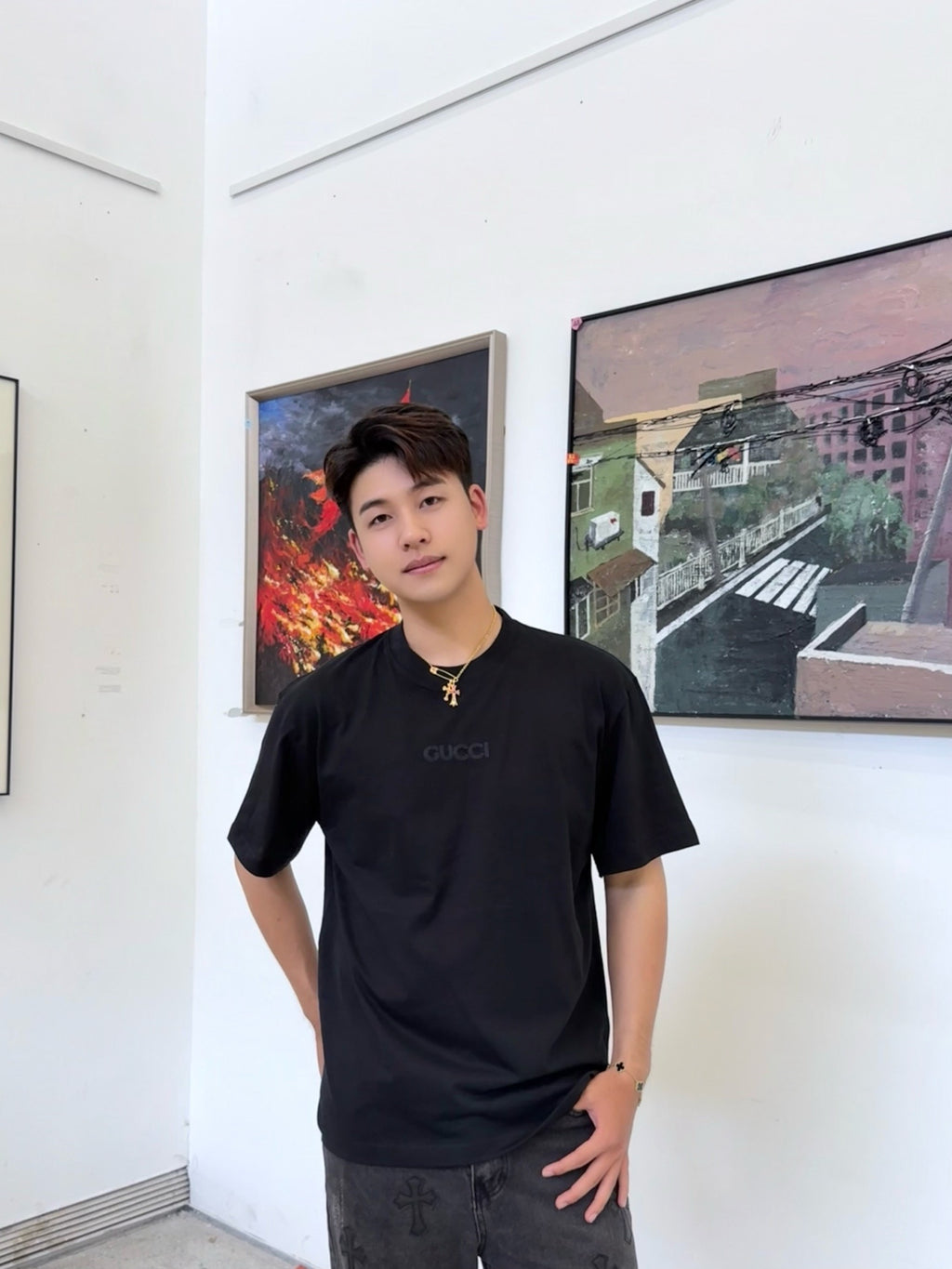 Gucci minimalist chain embroidered short-sleeved shirt