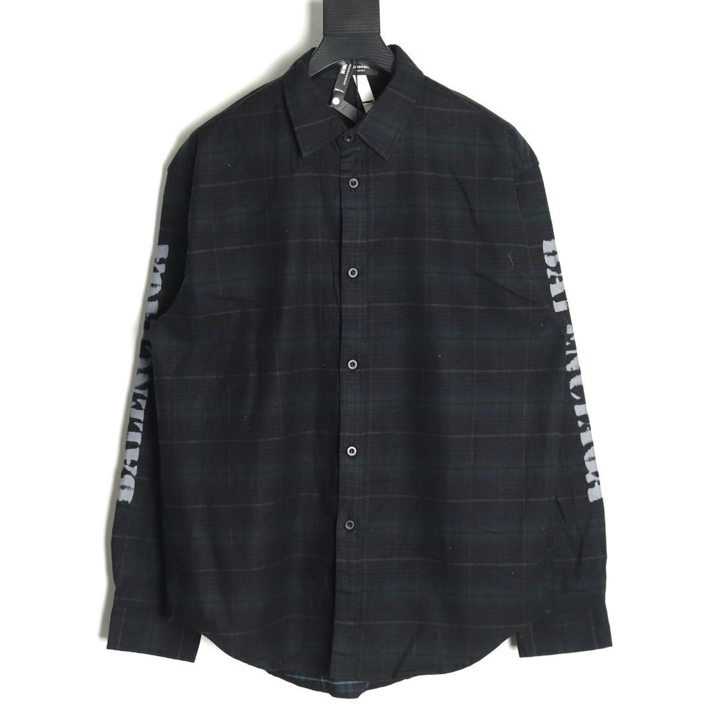 Balenciaga long-sleeved shirt with blurred lettering and plaid pattern