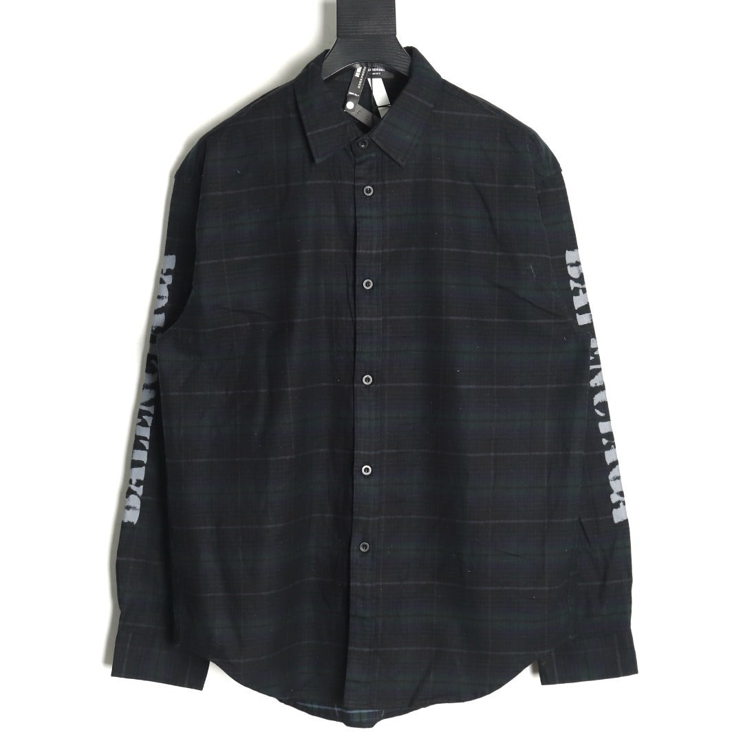 Balenciaga long-sleeved shirt with blurred lettering and plaid pattern