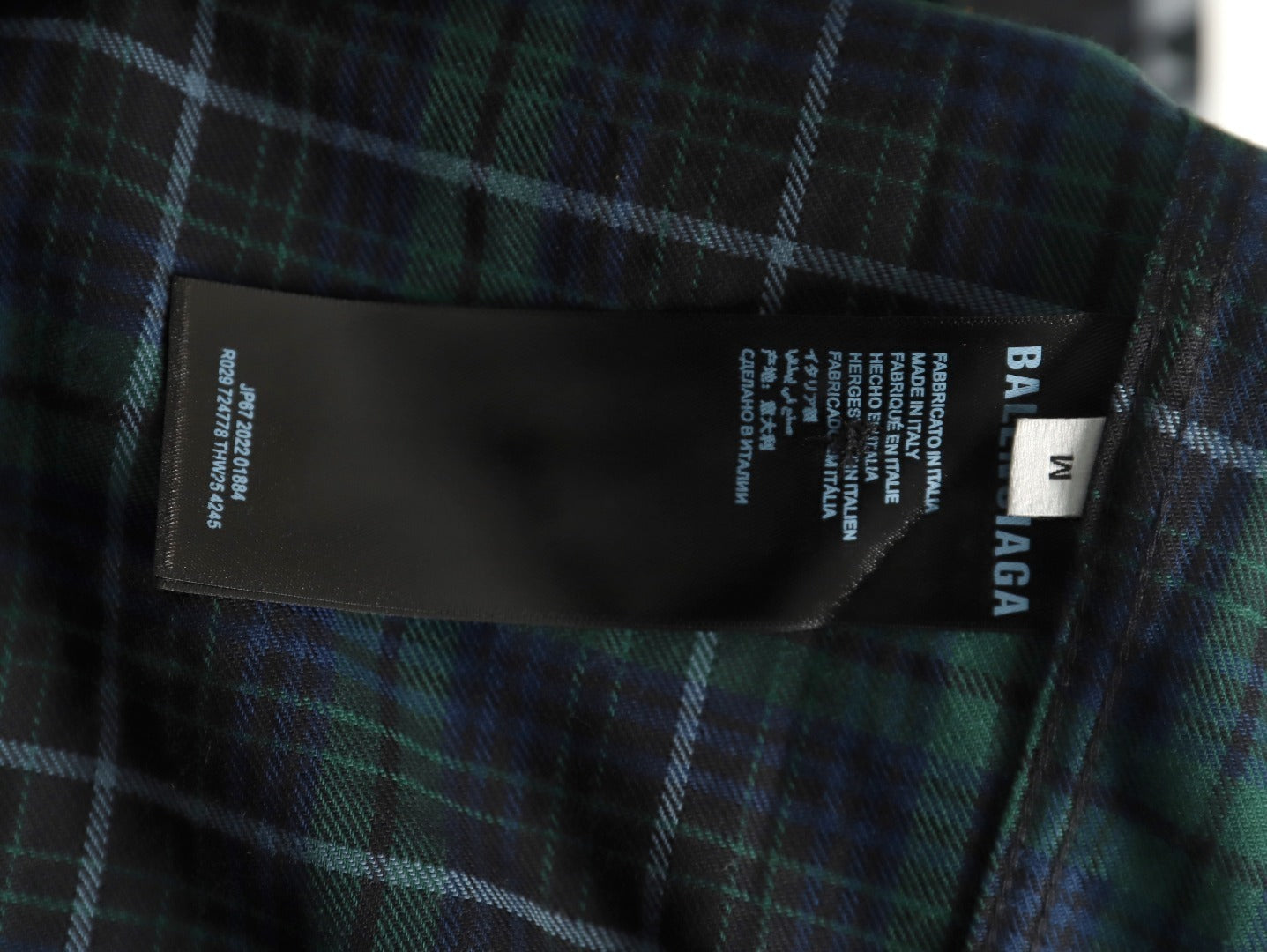 Balenciaga long-sleeved shirt with blurred lettering and plaid pattern