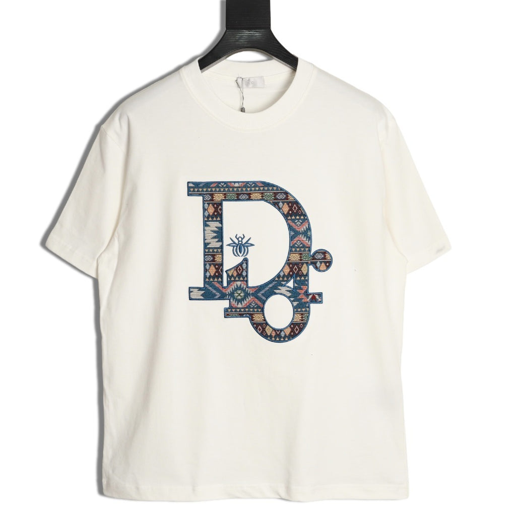 Dior classic woven fabric appliqué embroidered short-sleeved shirt