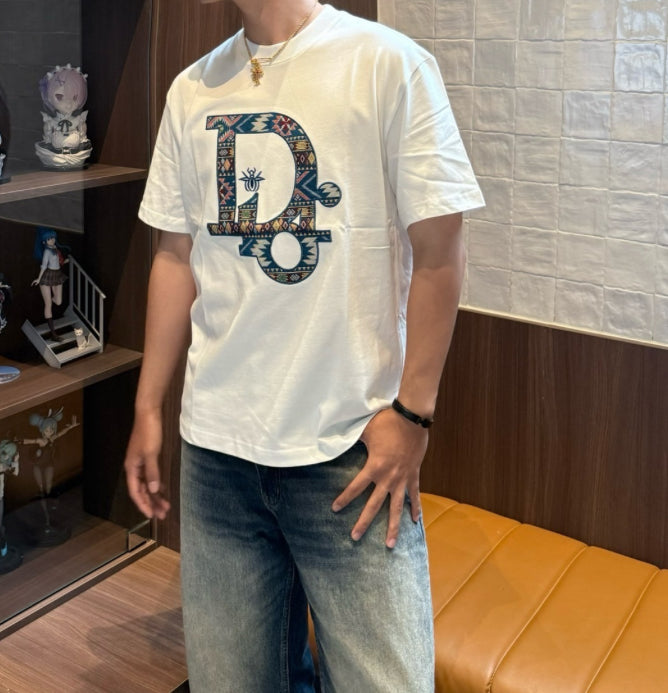 Dior classic woven fabric appliqué embroidered short-sleeved shirt