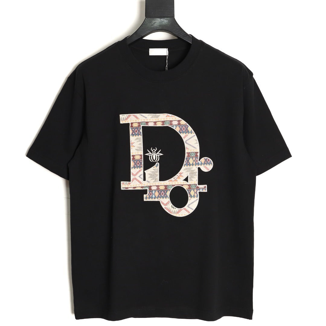 Dior classic woven fabric appliqué embroidered short-sleeved shirt