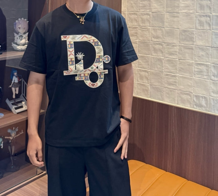 Dior classic woven fabric appliqué embroidered short-sleeved shirt