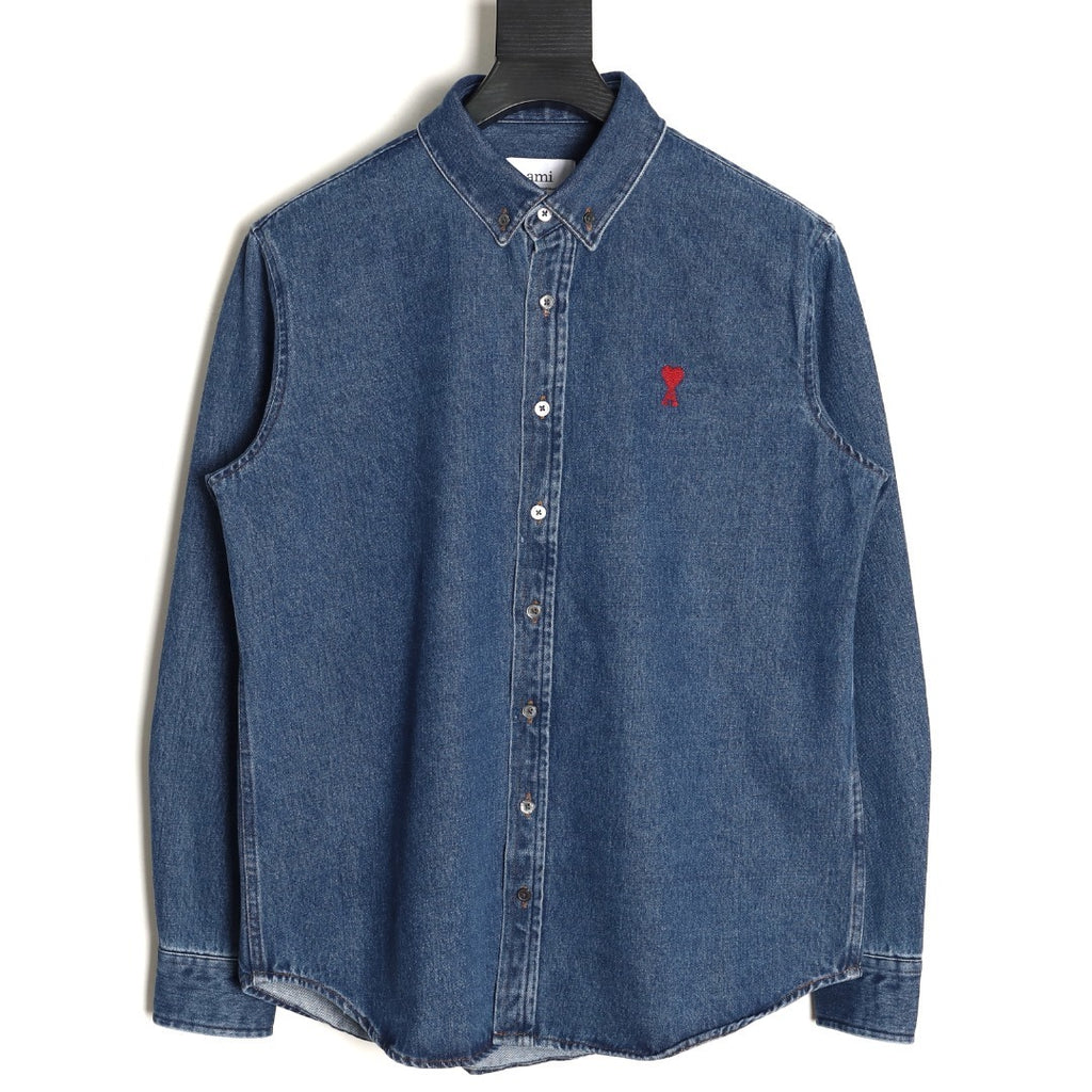 AMI Paris Heart Embroidered Denim Shirt