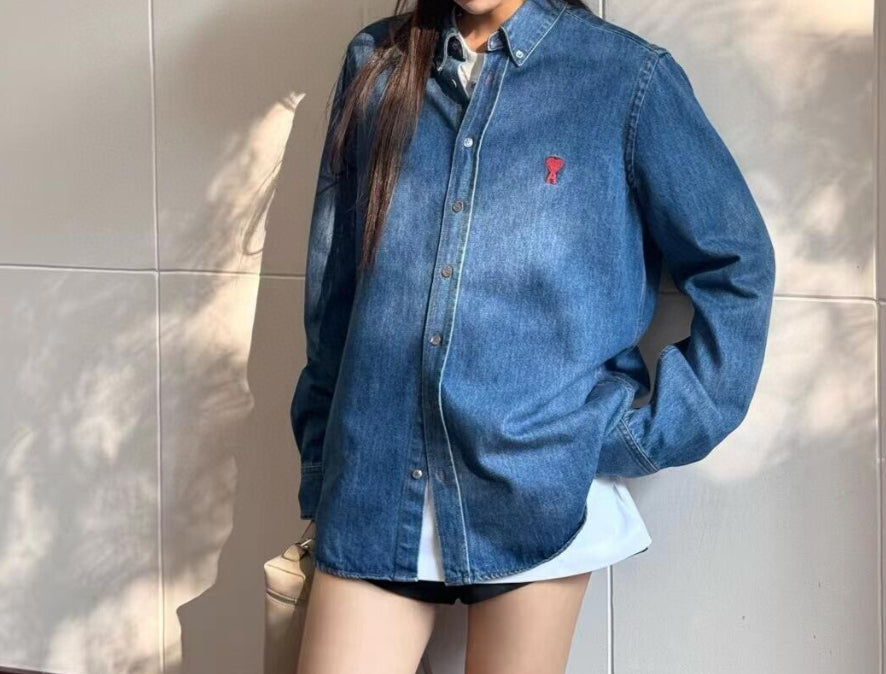 AMI Paris Heart Embroidered Denim Shirt