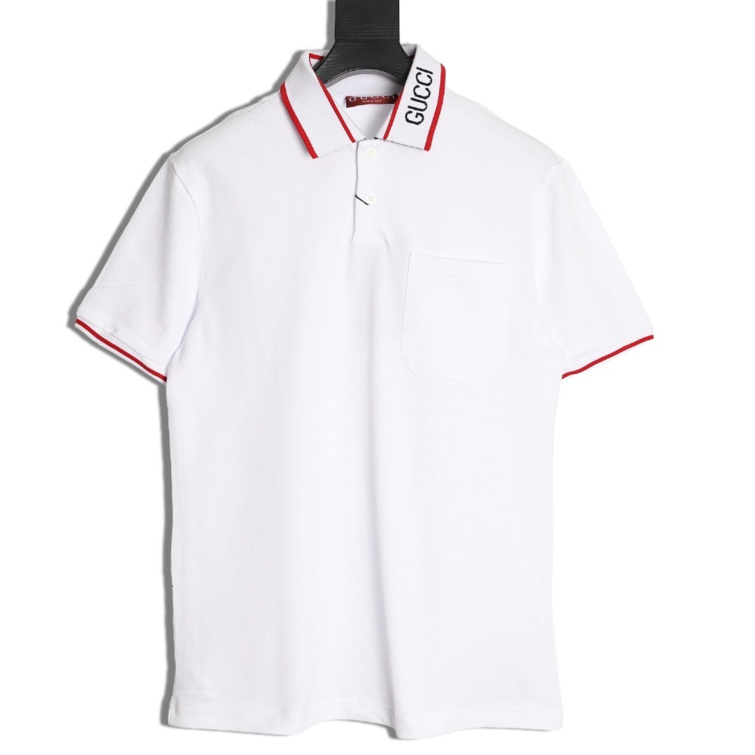 GUCCI short-sleeved polo shirt with lettering and woven ribbon at the neckline.