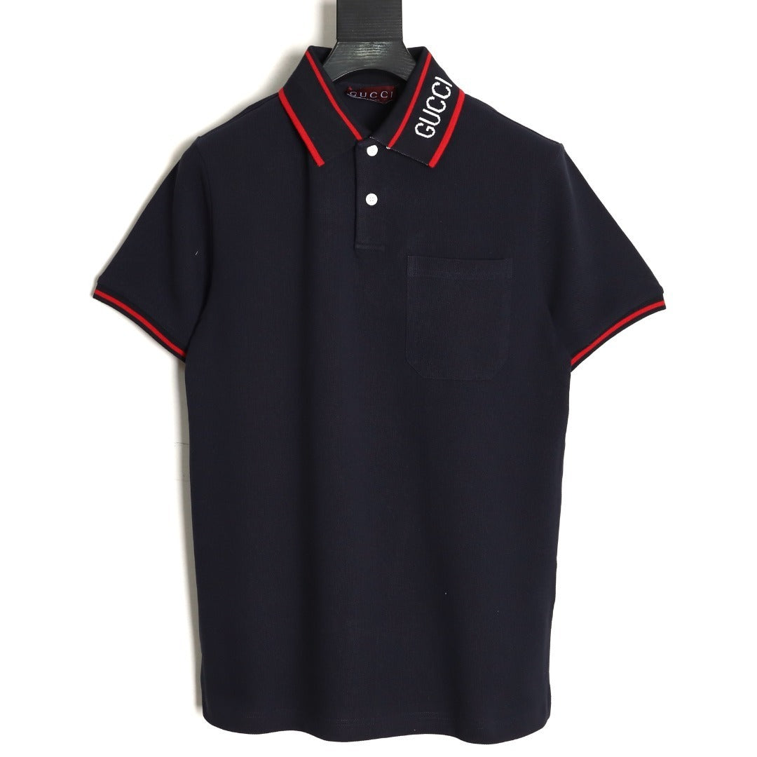 GUCCI short-sleeved polo shirt with lettering and woven ribbon at the neckline.
