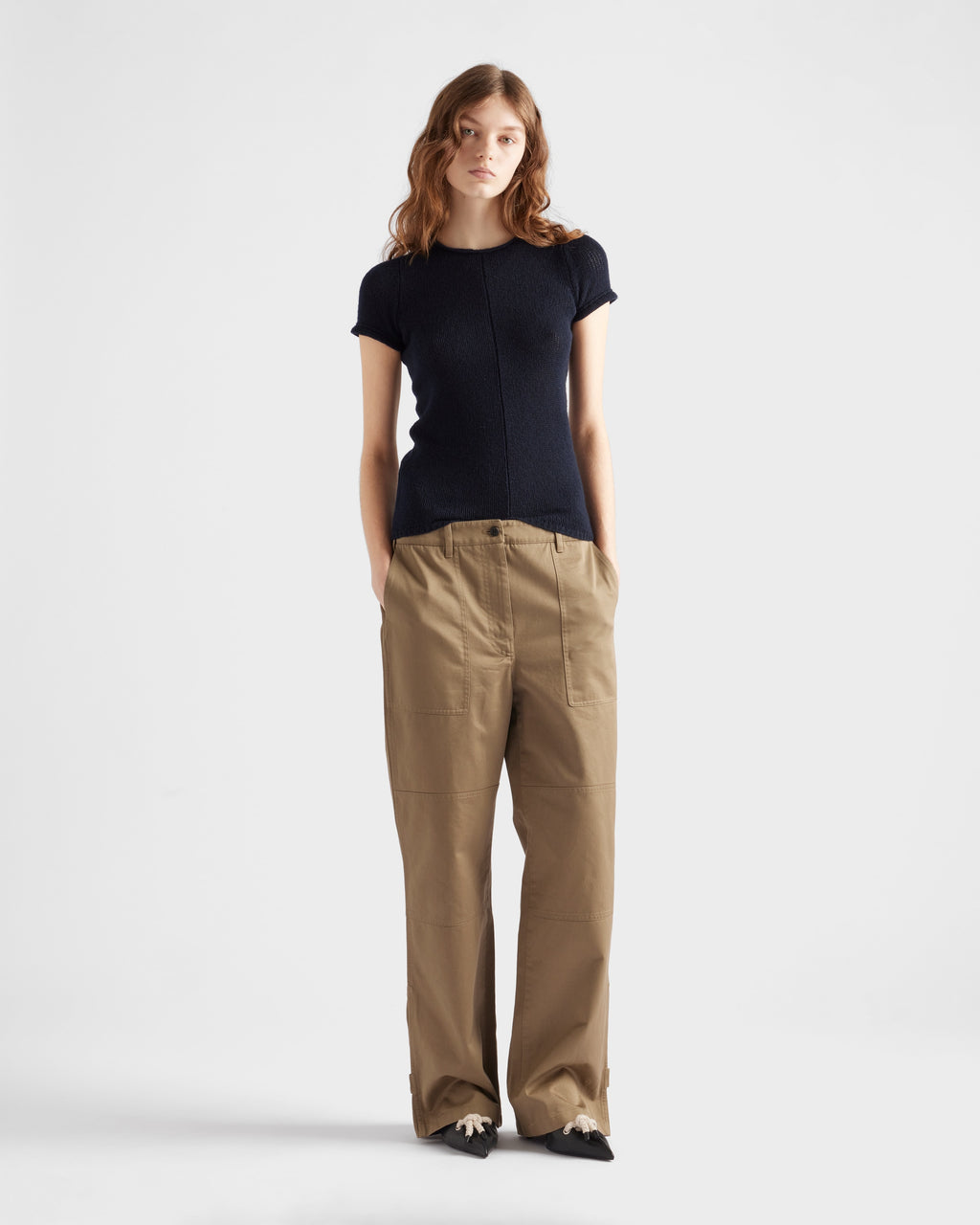 PRADA khaki zipper wide-leg twill trousers