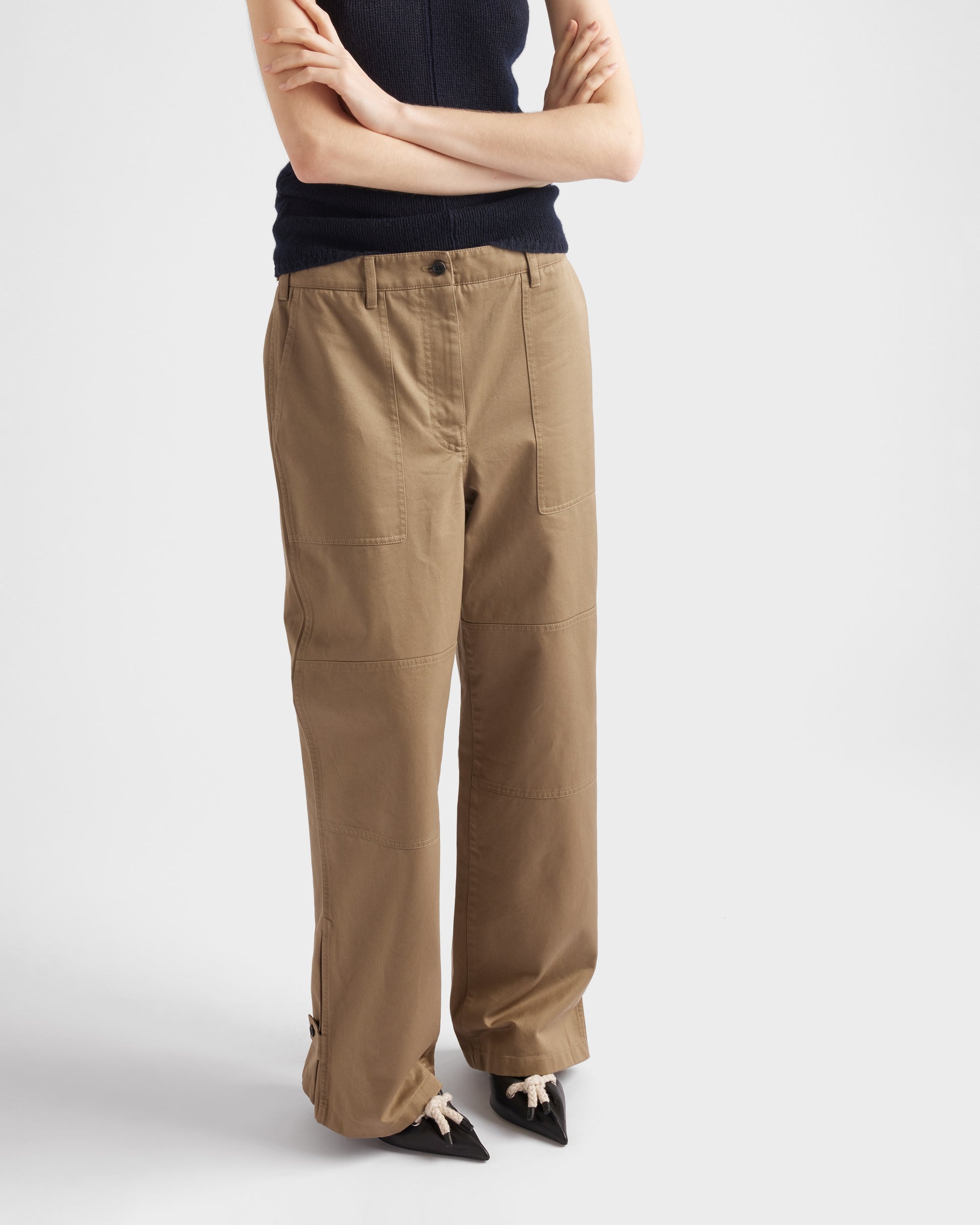 PRADA khaki zipper wide-leg twill trousers
