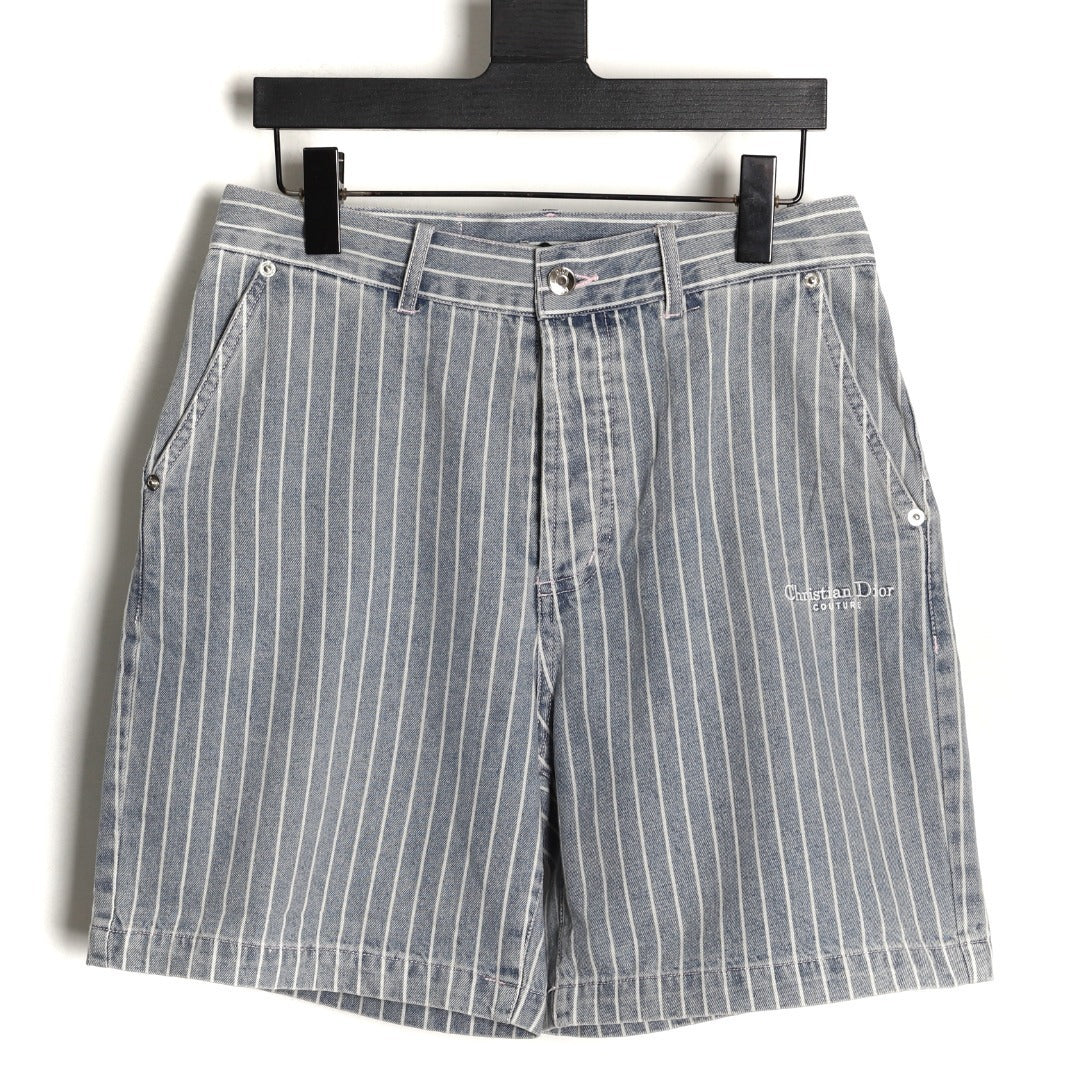Dior Embroidered Letter Striped Washed Denim Shorts
