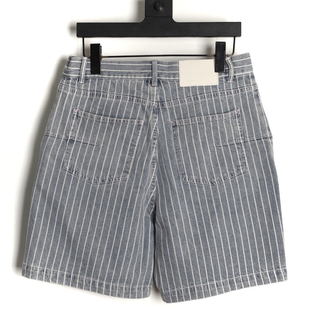 Dior Embroidered Letter Striped Washed Denim Shorts