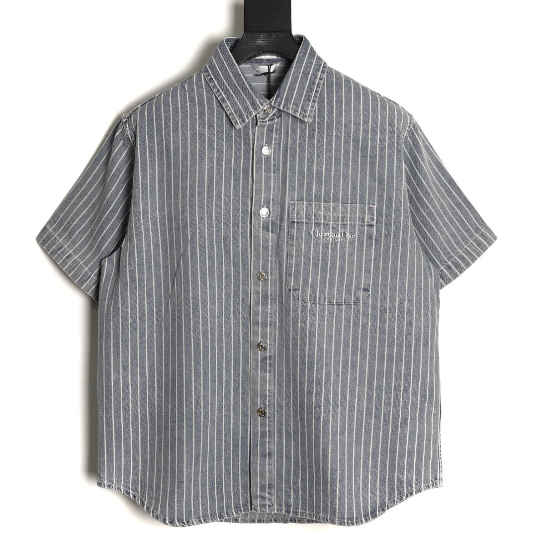Dior Embroidered Letter Striped Washed Denim Short-Sleeve Shirt