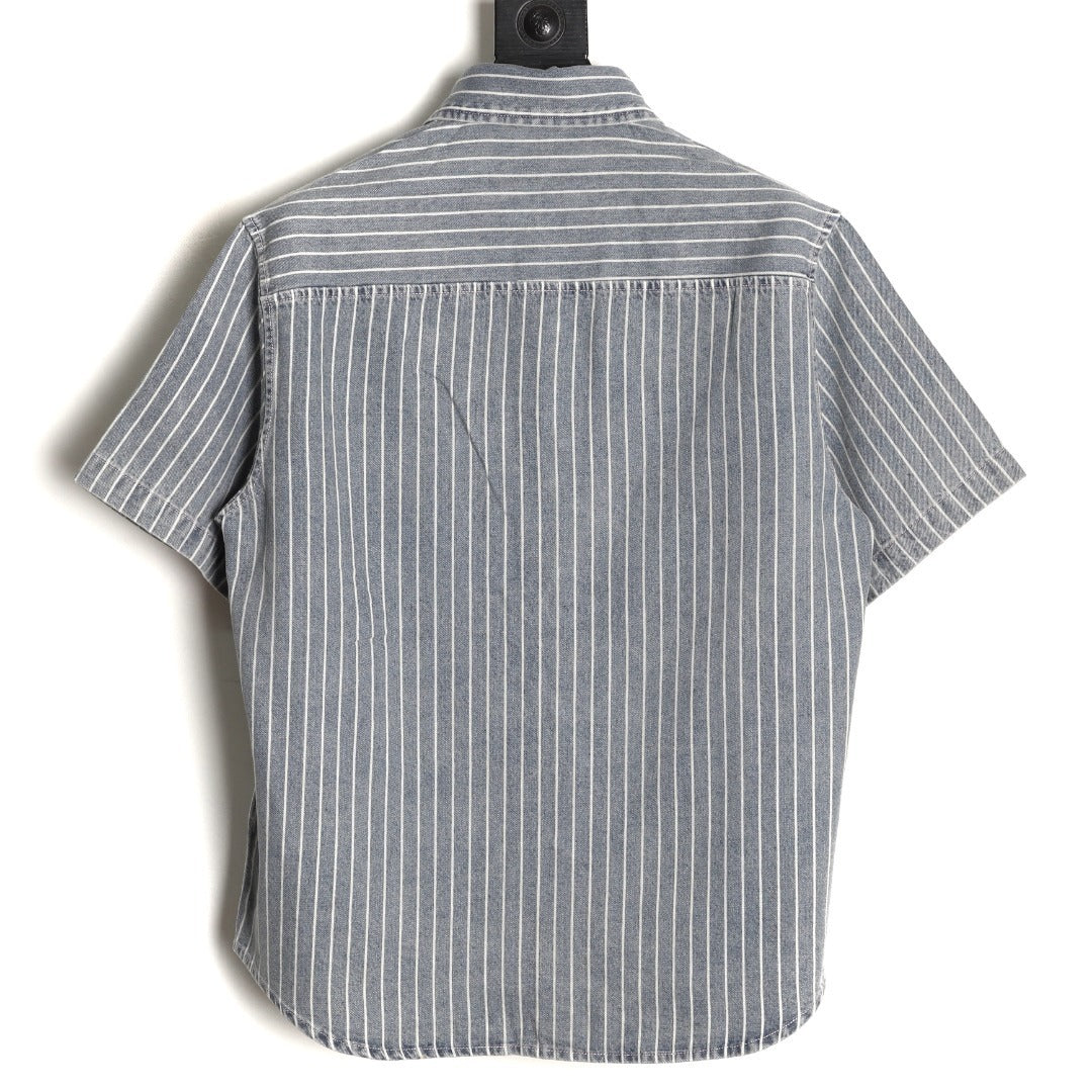 Dior Embroidered Letter Striped Washed Denim Short-Sleeve Shirt