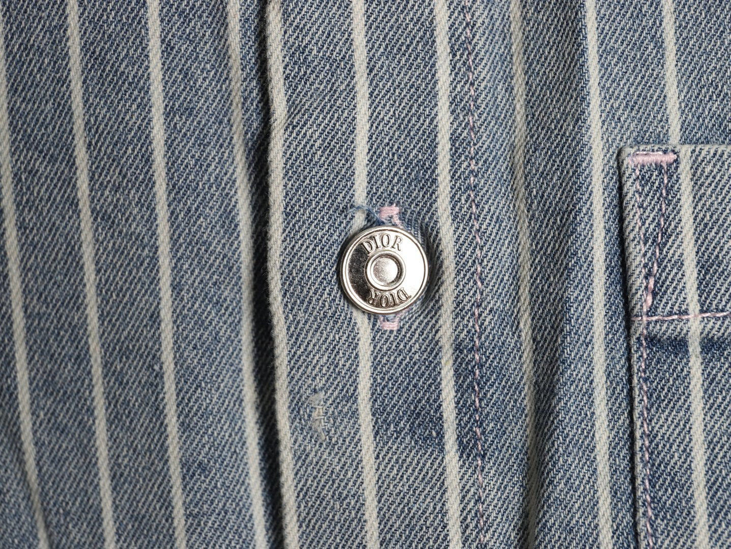 Dior Embroidered Letter Striped Washed Denim Short-Sleeve Shirt