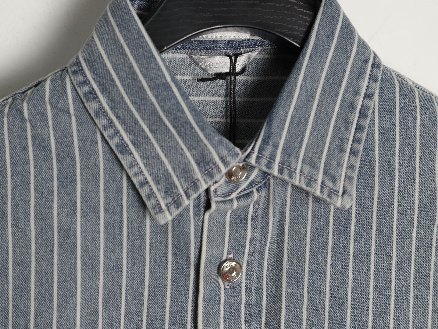 Dior Embroidered Letter Striped Washed Denim Short-Sleeve Shirt