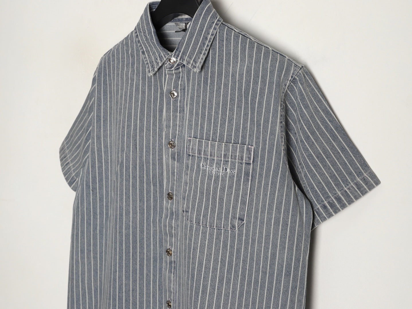 Dior Embroidered Letter Striped Washed Denim Short-Sleeve Shirt