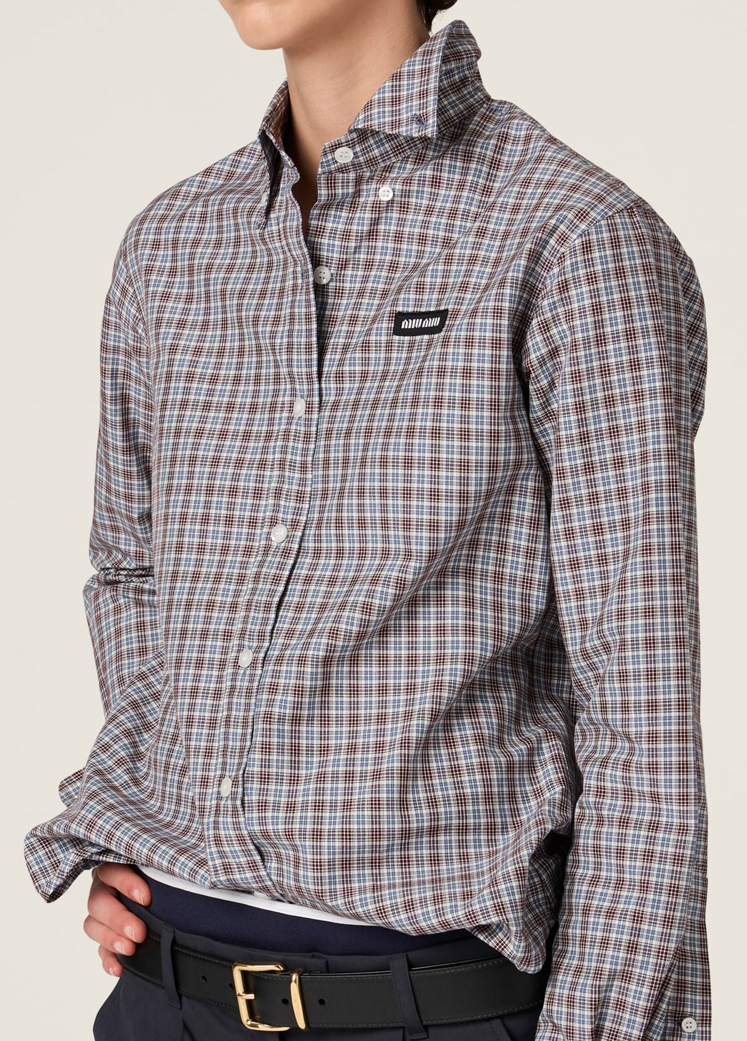 MIU MIU  Brown and Blue Fine Check Long-Sleeve Shirt