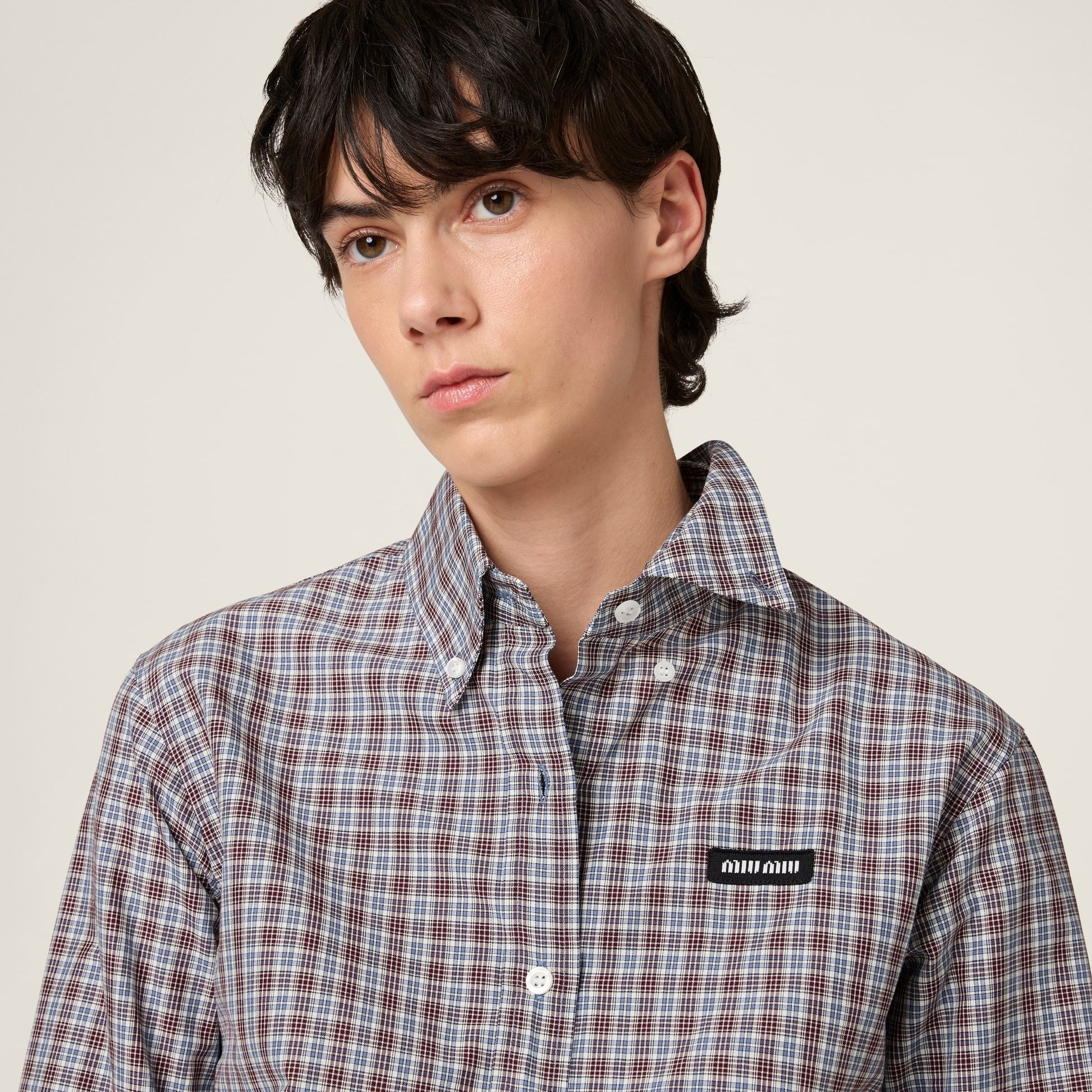 MIU MIU  Brown and Blue Fine Check Long-Sleeve Shirt
