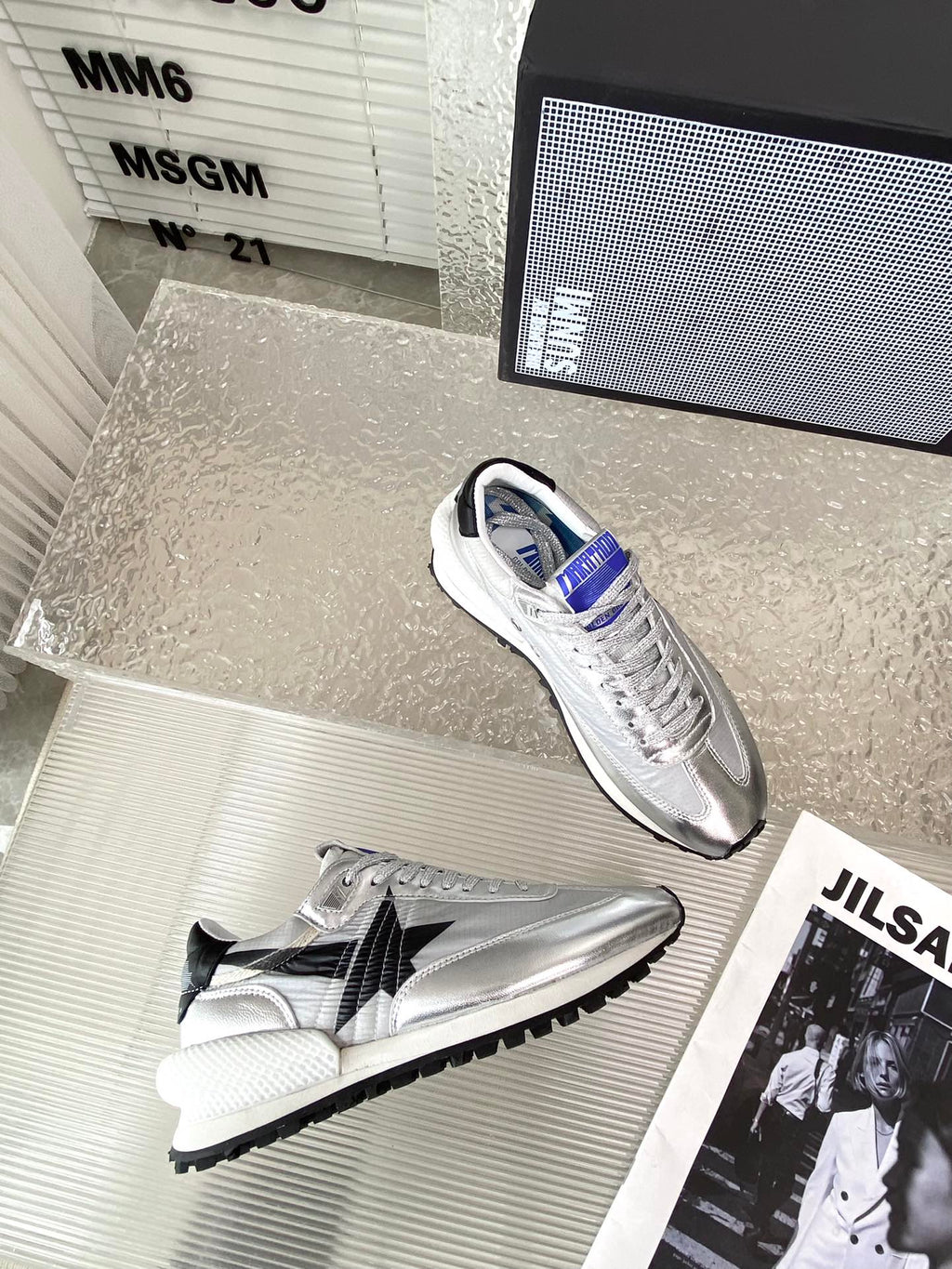 Golden Goose Marathon with silver ripstop nylon upper and black star