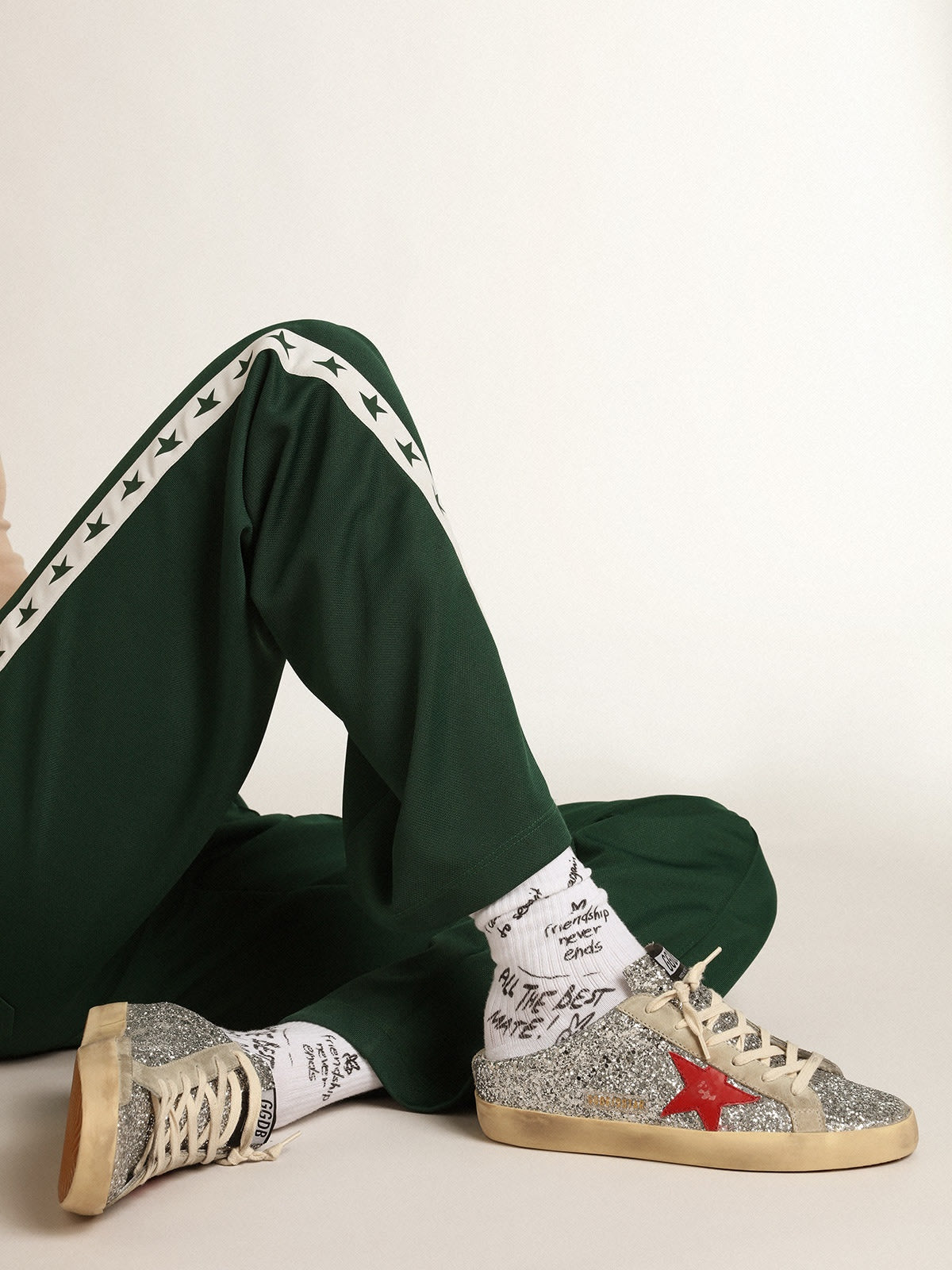 Golden Goose Super-Star Sabots in silver glitter with red leather star