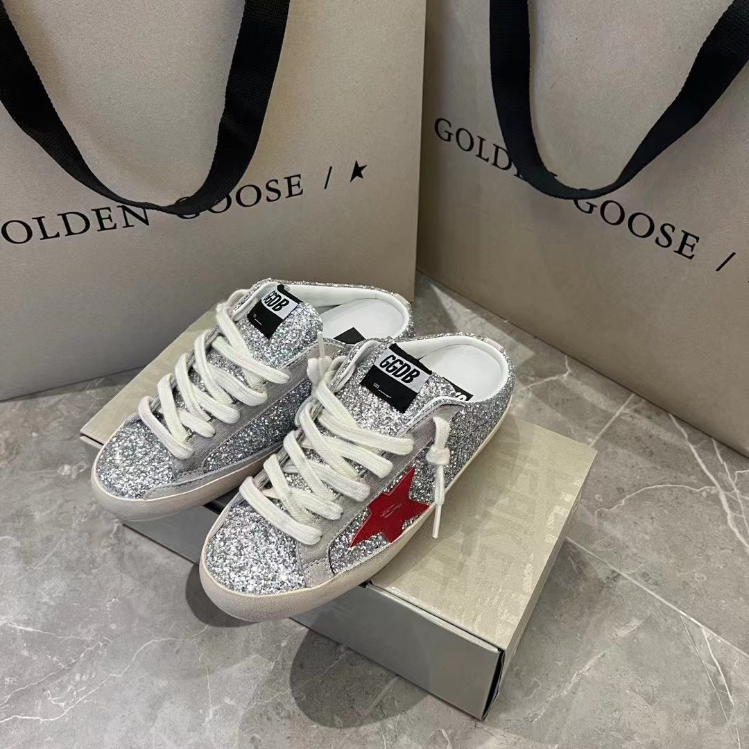Golden Goose Super-Star Sabots in silver glitter with red leather star