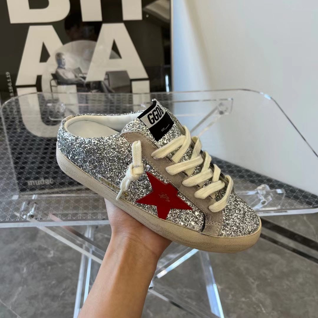 Golden Goose Super-Star Sabots in silver glitter with red leather star