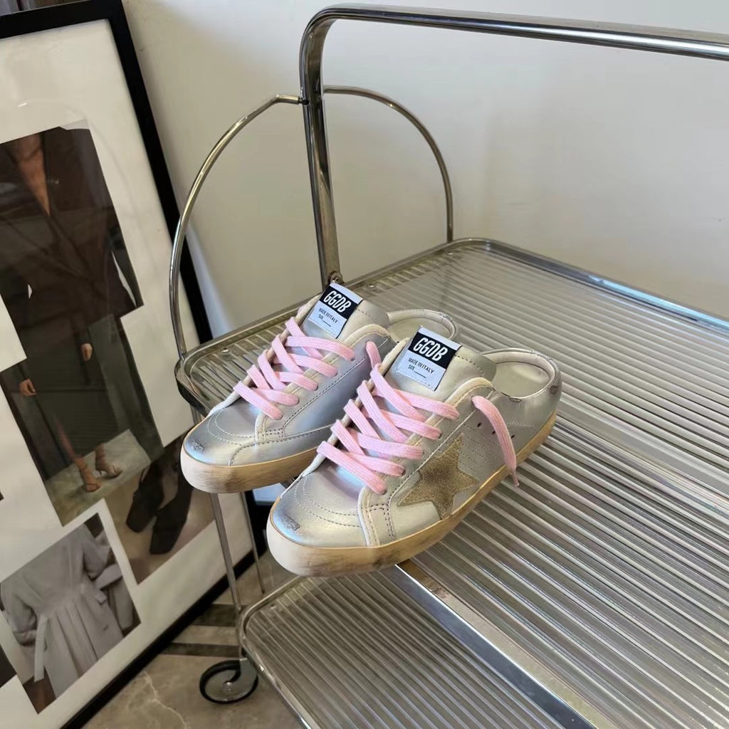 Golden Goose  Super-Star Sabots in silver metallic leather with suede