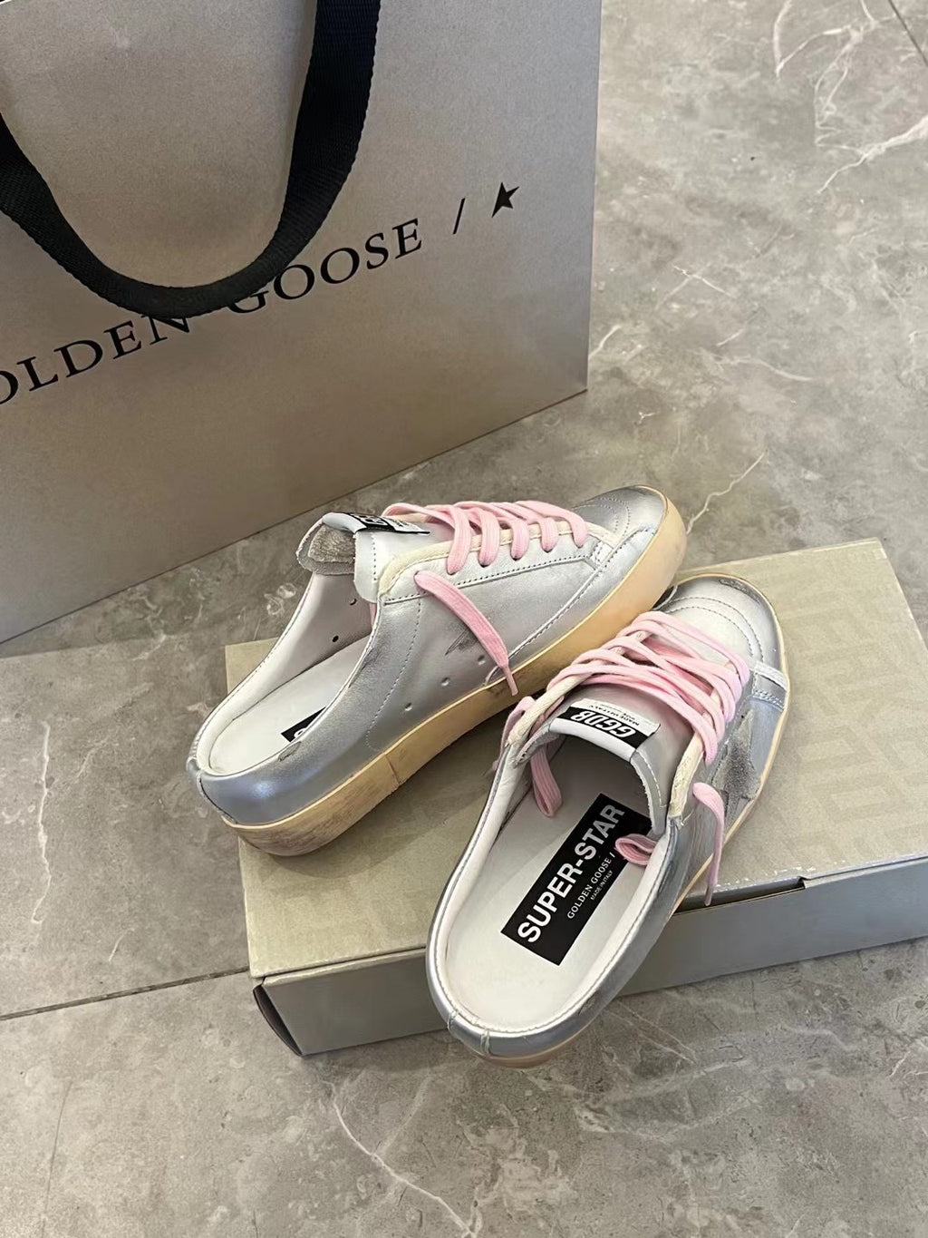 Golden Goose  Super-Star Sabots in silver metallic leather with suede