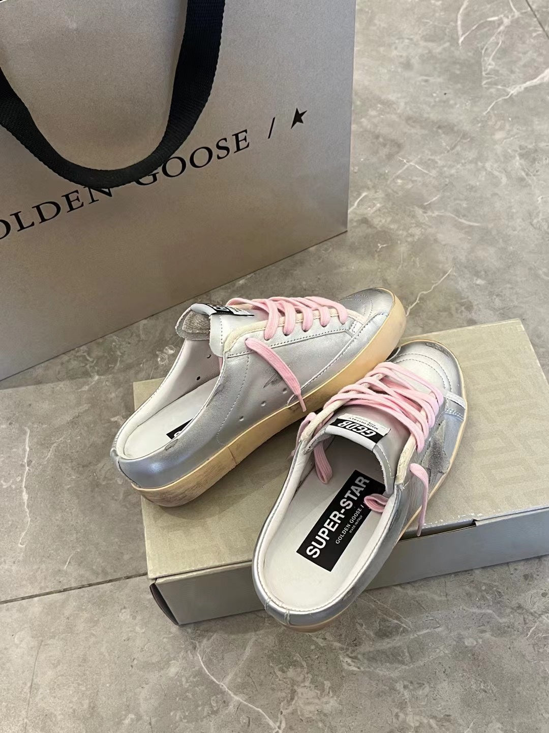 Golden Goose  Super-Star Sabots in silver metallic leather with suede